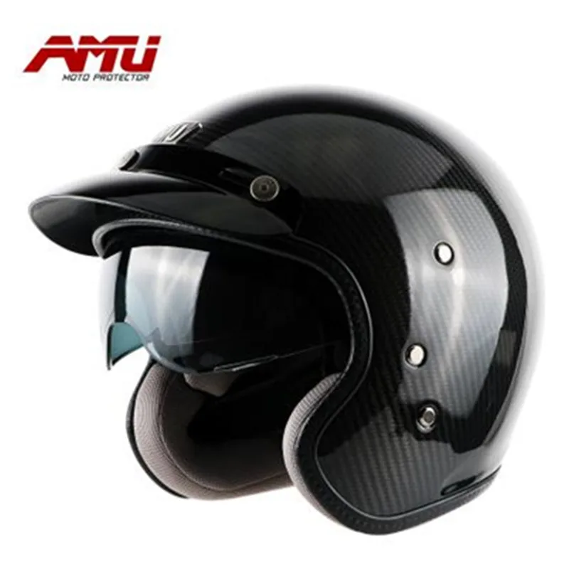 AMU черный карбоновый шлем с открытым лицом 3/4 мотоциклетный Мотоциклетный Шлем КАСКО, реактивный винтажный Ретро шлем, внутренний козырек, ECE