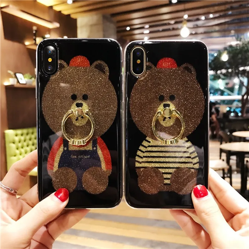 

Case For Iphone X For Iphone XS Brown Bear Star Ring Holder Soft Tpu Shining Cover Case for Iphone XS X For IphoneX Phone Shell
