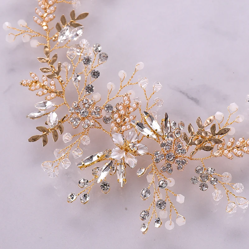 Золотой цветок с жемчугом и кристаллами повязка на голову Свадебная лента для волос лента-ободок для волос с цветами и жемчугом тиара Бридель повязка на голову украшения