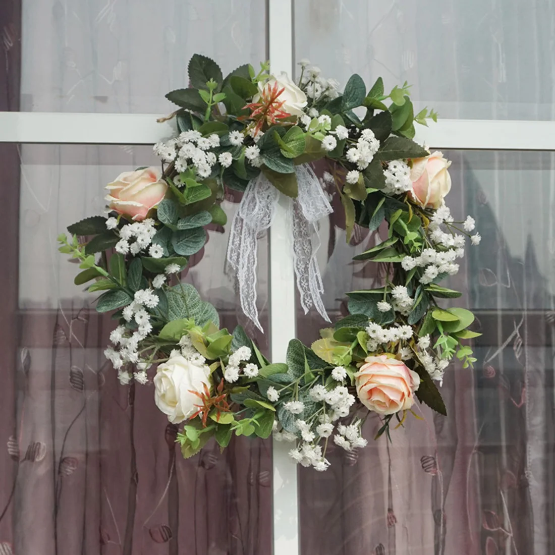 Romantic Round Shaped Silk Rose Artificial Flowers Door Wall Hanging