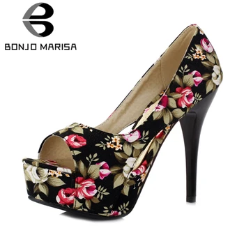 

BONJOMARISA Women Bohemia Flower Print Shoes Woman High Heel Open Toe Platform Party Wedding Pumps Big Size 32-42