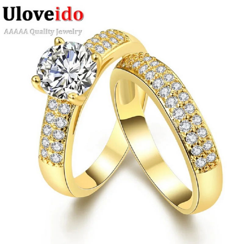 Uloveido Jewelry Promise Engagement Double Rings For S Men Uloveido Compromiso Promesa Doble Anillos Para Parejas Hombres Oro Color Pares Anillo De Bodas