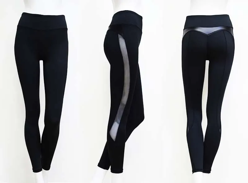 PU Leather Patchwork Yoga Leggings Breathable Mesh Splice Sports Pants Women Booty Push Up Leggings Black Running Tights