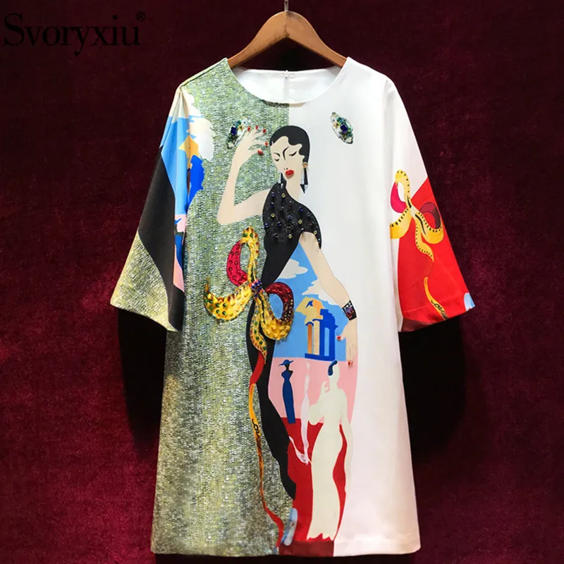 

Svoryxiu Runway Custom Summer Plus Size Loose Dress Women's Fashion Half Sleeve Beading Character Print Vintage Short Dresses