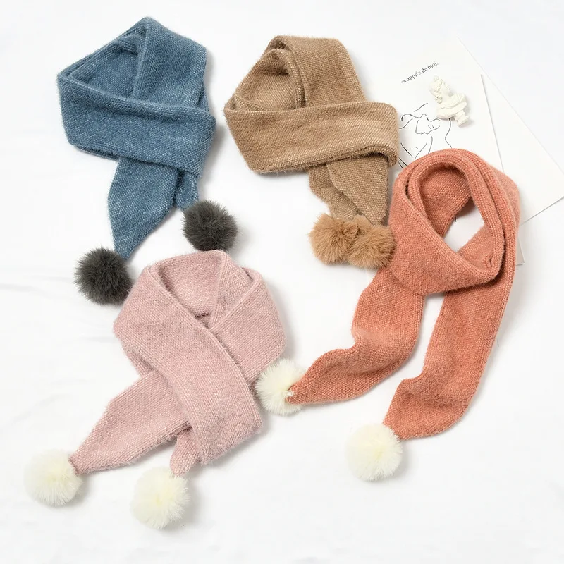 

2019 explosion models solid color hair ball scarf women warm autumn and winter wild knit scarf girl scarf