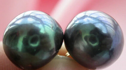 

free shipping 13377 AA++ HUGE 14MM BLACK ROUND FRESHWATER PEARL EARRING 14K