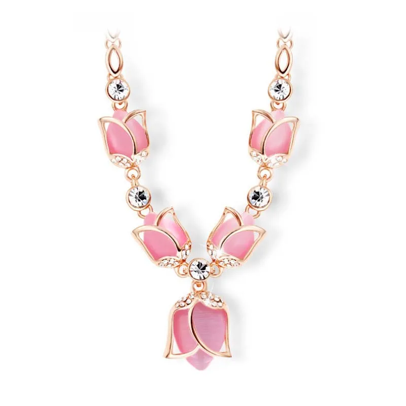 Hot Sale Fashion Women Choker Necklace Romantic Rose Gold Plated Created Pink/Beige Opals Rhinestone Tulips Necklaces Jewelry