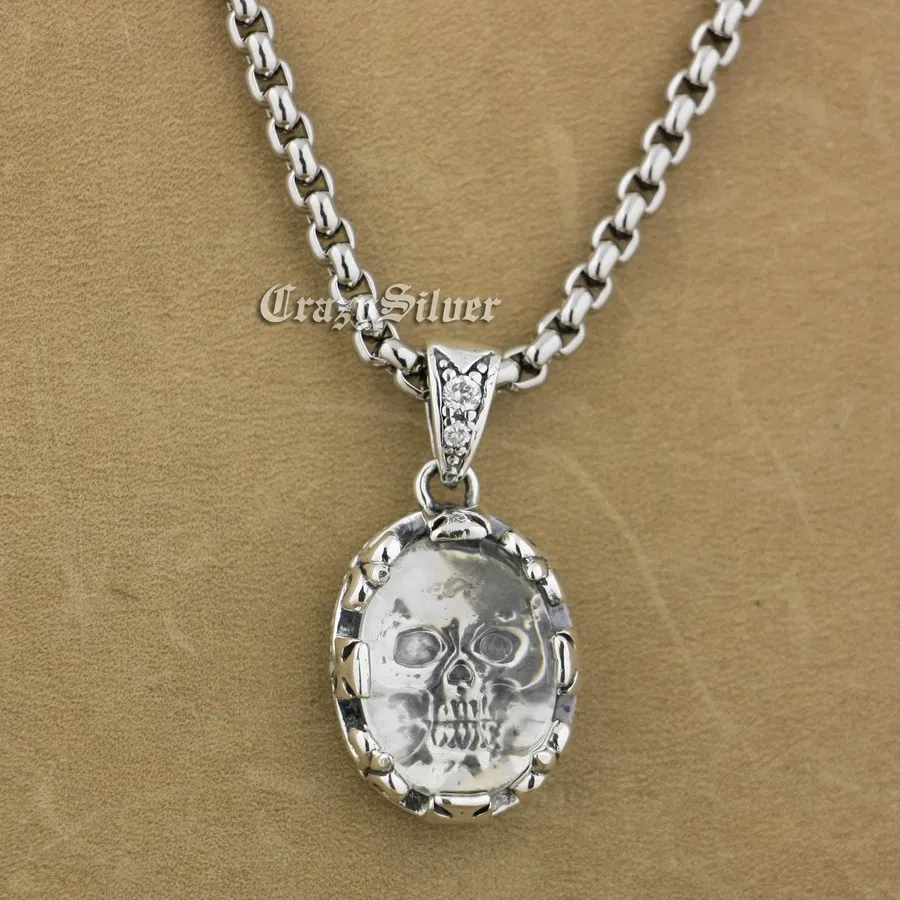 

925 Sterling Silver White CZ Skull Mens Biker Pendant 9S011A Steel Necklace 24