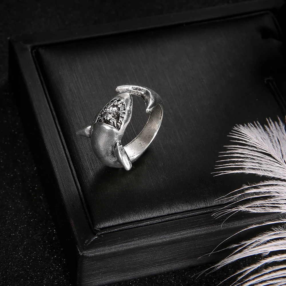 2 Pcs/set Punk Personality Shark Opening Silver Ring Women Charm Party Jewelry Accessories Christmas Gifts