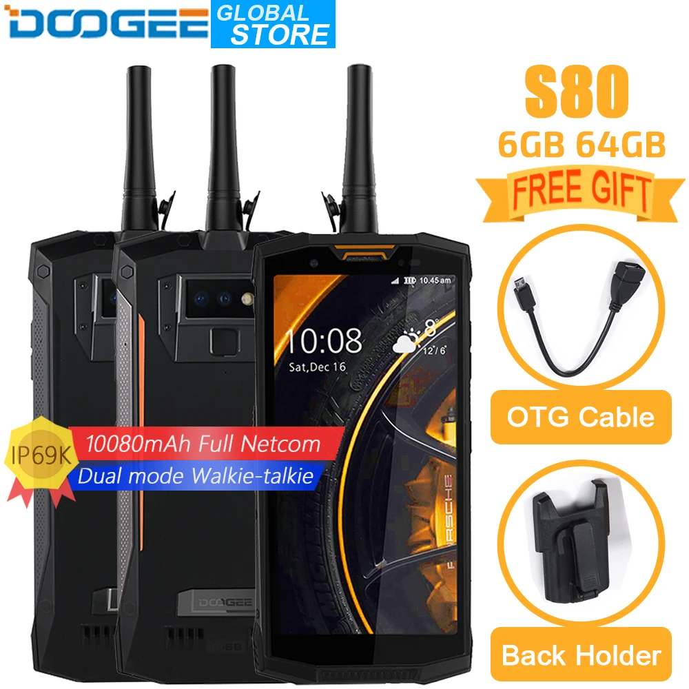 

DOOGEE S80 Mobile Phone IP68/IP69K Walkie talkie Wireless Charge NFC 10080mAh 12V2A 5.99 FHD Helio P23 Octa Core 6GB 64GB 16.0MP