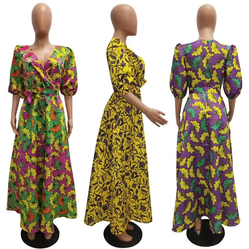 Africa Dashiki Long Dress for Women Floral Printing Indie Folk Dresses V-Neck Puff Half Sleeve A-Line Long Dresses With Sashes