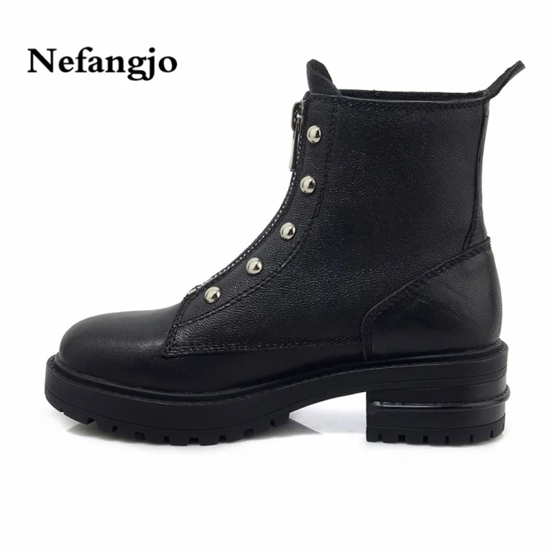 

Nefangjo new rivets in autumn and winter 2018 front zip round head thick heel and leather martin boots Chelsea boots