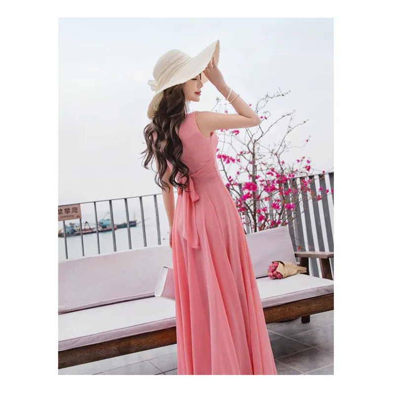 2019 New Summer Beach Dress Women's Fashion Sleeveless V-Beck Red Blue Long Dress Elegant Robes Women's Plus Size 5XL (15)