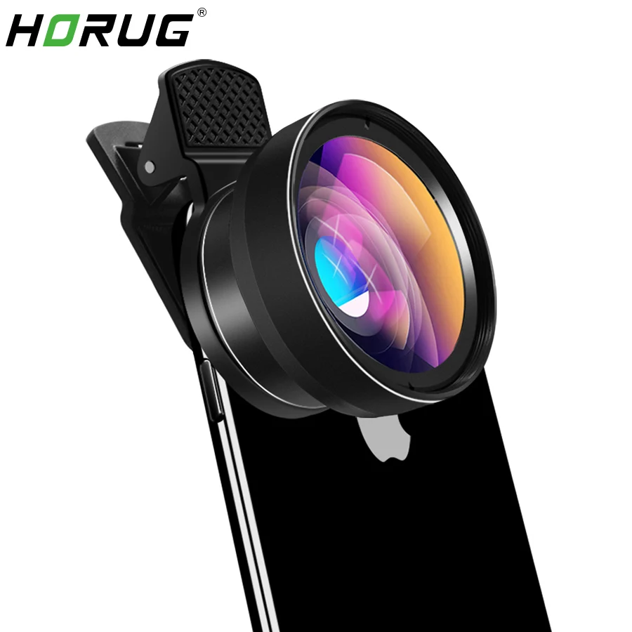 HORUG объектив мобильного телефона для телефона Smart 0.45X широкий угол 12.5X микро объектив камеры мобильного телефона для iPhone X 8 7 Xiaomi Cellphoone - Цвет: Черный