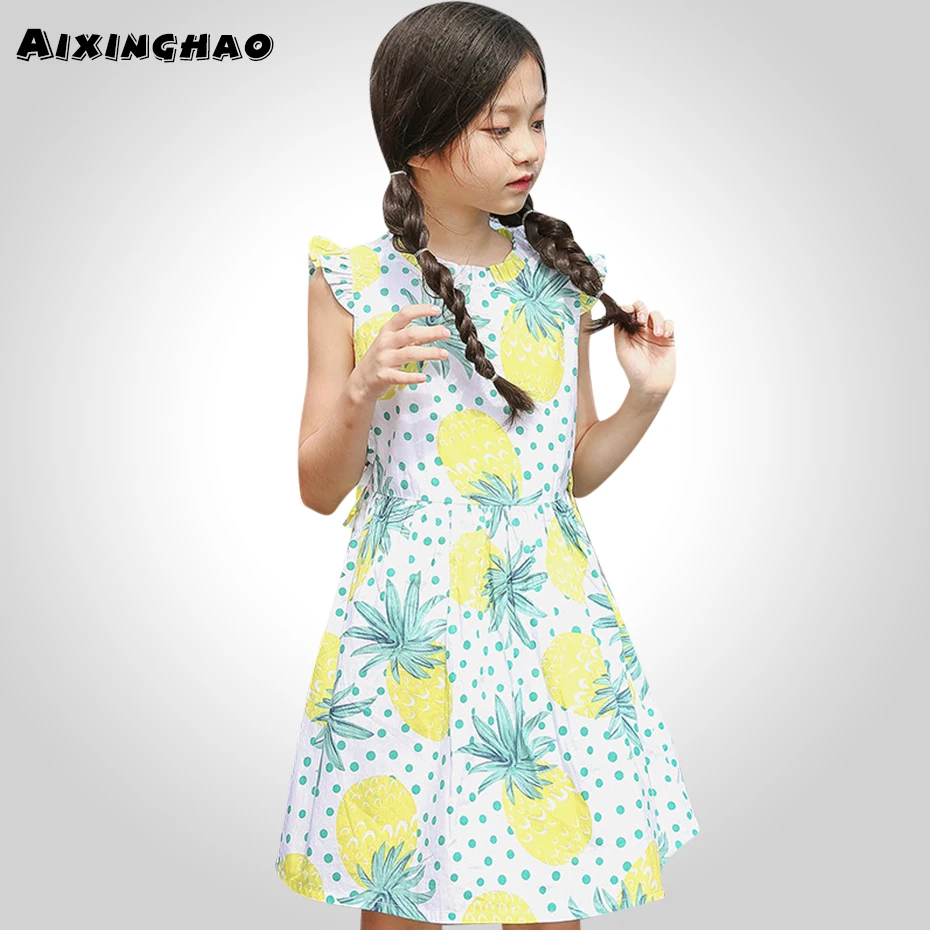 

Aixinghao Summer Dress For Girls Sleeveless Pineapple Printed Girls Dress 2018 Teenage Casual Beach Sun Dress Girls 6 8 10 12 14
