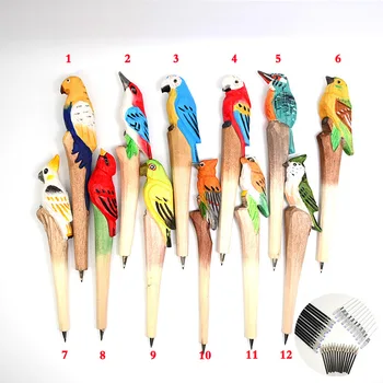 

10pcs/lot Bird Wood Carving Ballpoint Pen Hand-Painted Wood Craft Pen