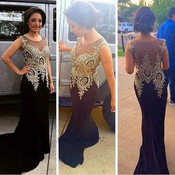 

Robe de Soiree Hot Sell Formal Black Gold Lace Evening Dresses Long Elegant Prom Dress Cheap 2017 Mermaid Party Gown Sweep Train