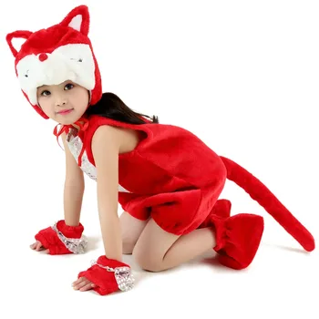 

Kids Girl Cartoon Red Fox Flannel Onesie Halloween Animal Costume Plush Stage Performance Costume Sequin Pattern with Hat Gloves