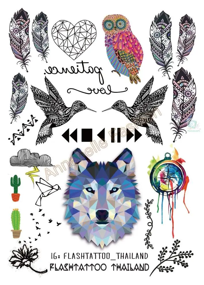 A6080-208 Big Black tatuagem Taty Body Art Temporary Tattoo Stickers Gradient Colorful Wolf Owl Birds Glitter Tatoo Sticker