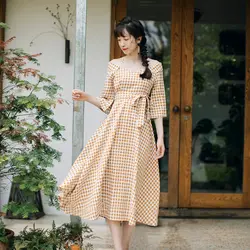 2018, Новая Мода vestidos для женщин платья для летние милые плед ремень платье Высокая талия ретро