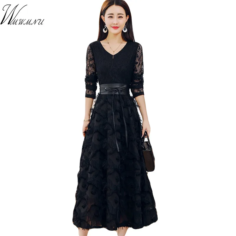 

Women 2019 New Summer Spring bodycon dress Evening Party Dresses Black Hollow Out Sexy Fringe Lace belt dress vintage sukienki