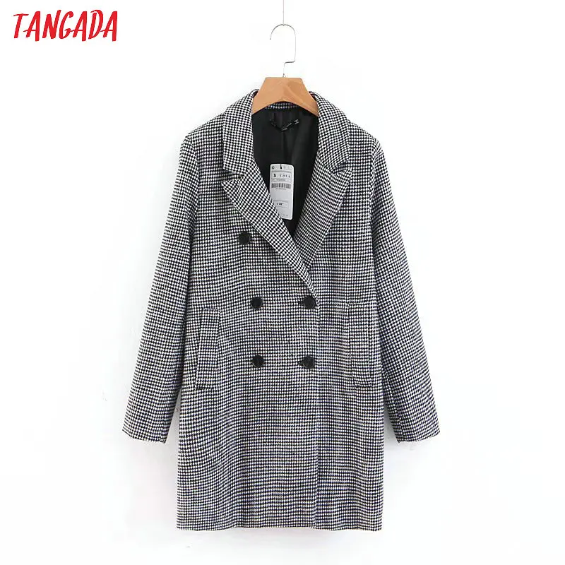 

Tangada 2019 women plaid winter coat long elegant korean style long ladies coat double breasted pockets outwear QB68