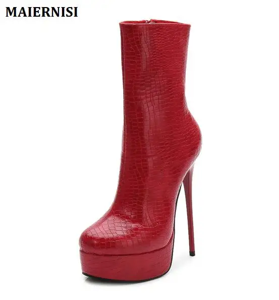 

2018 Autumn Winter New Round Head Middle Tube Women Boots Plus High Heel 15CM Red Platform Wedding Party Shoes Women Size 36-46