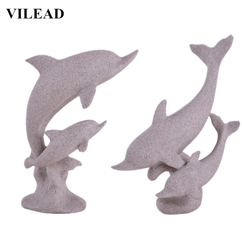 

VILEAD 16.5'' Sand Stone Dolphin Figurine Miniatures Vintage Animal Statue Modern Abstract Dolphin Sculpture Home Office Decor