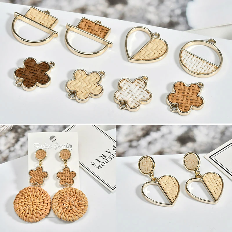 

Holiday style earrings straw rattan alloy DIY earrings accessories peach heart round pendant bracelet necklace 6 pieces