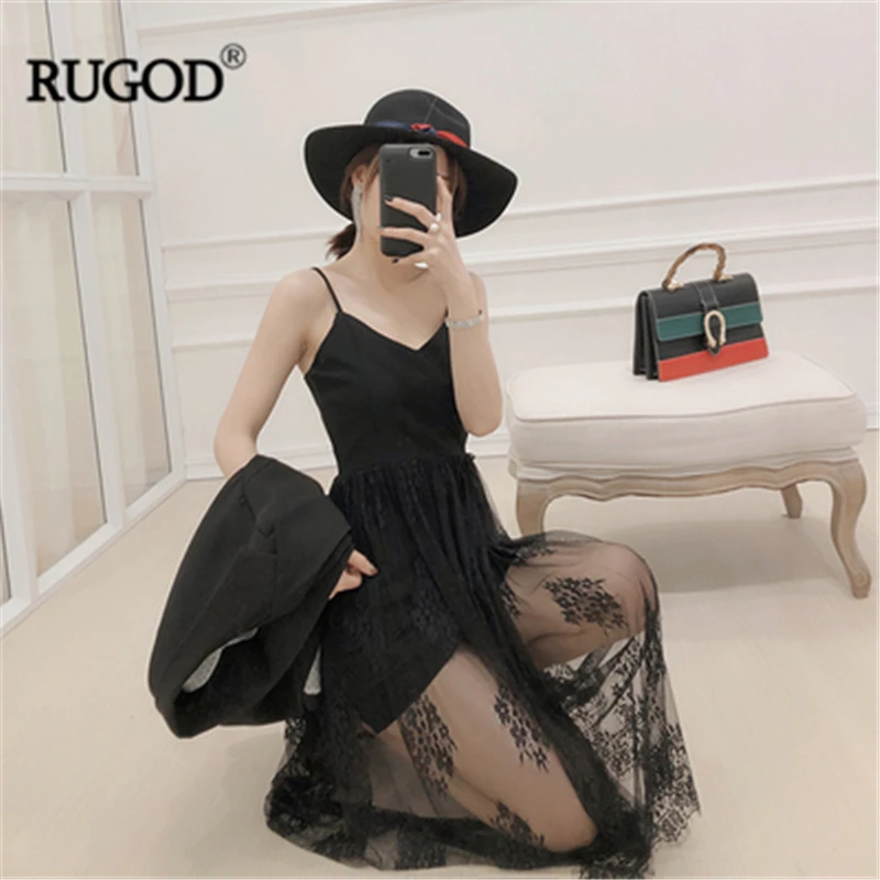 Женское кружевное платье RUGOD длинное однотонное с треугольным вырезом 2019|Платья|