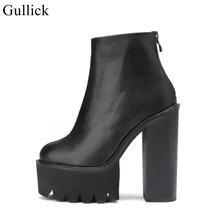Gullick/черные кожаные ботильоны с круглым носком на не сужающемся книзу массивном каблуке; короткие ботинки на молнии; женские ботинки для верховой езды на толстой платформе; пикантные ботинки в байкерском стиле
