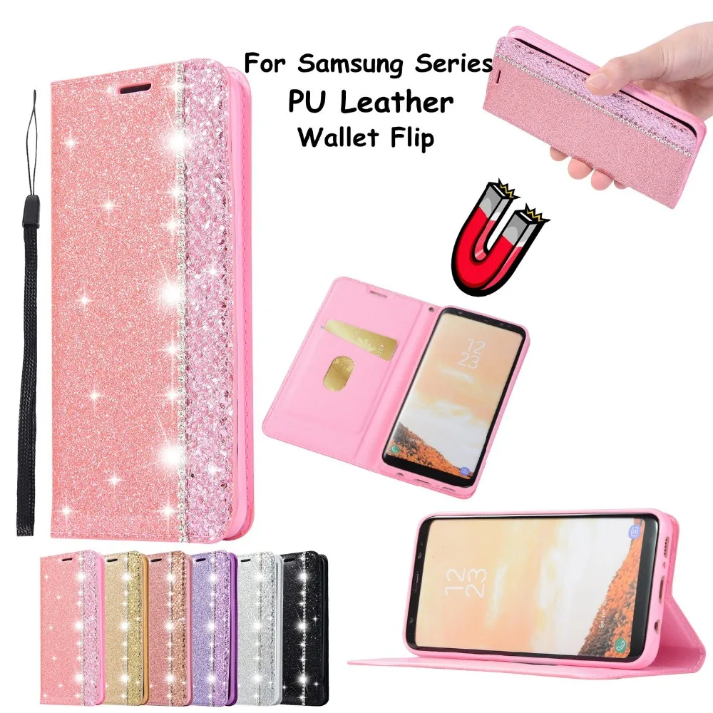 Glitter Magnetic Stand Holder Phone Case for Samsung S8 S9 Plus Note 8 9 Leather Wallet
