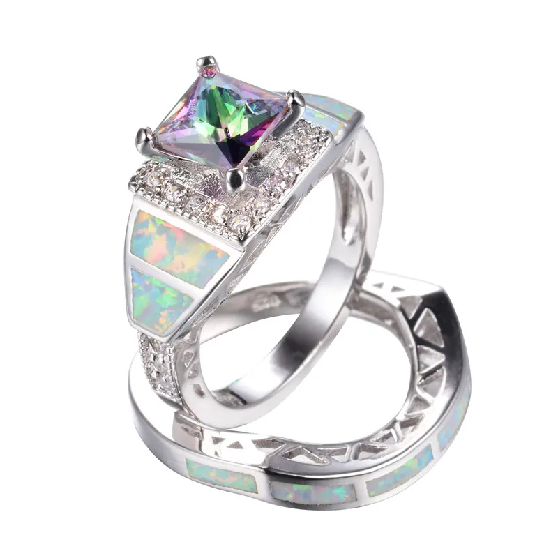 Mysterious Rainbow Zircon White Fire Opal Wedding Ring Set