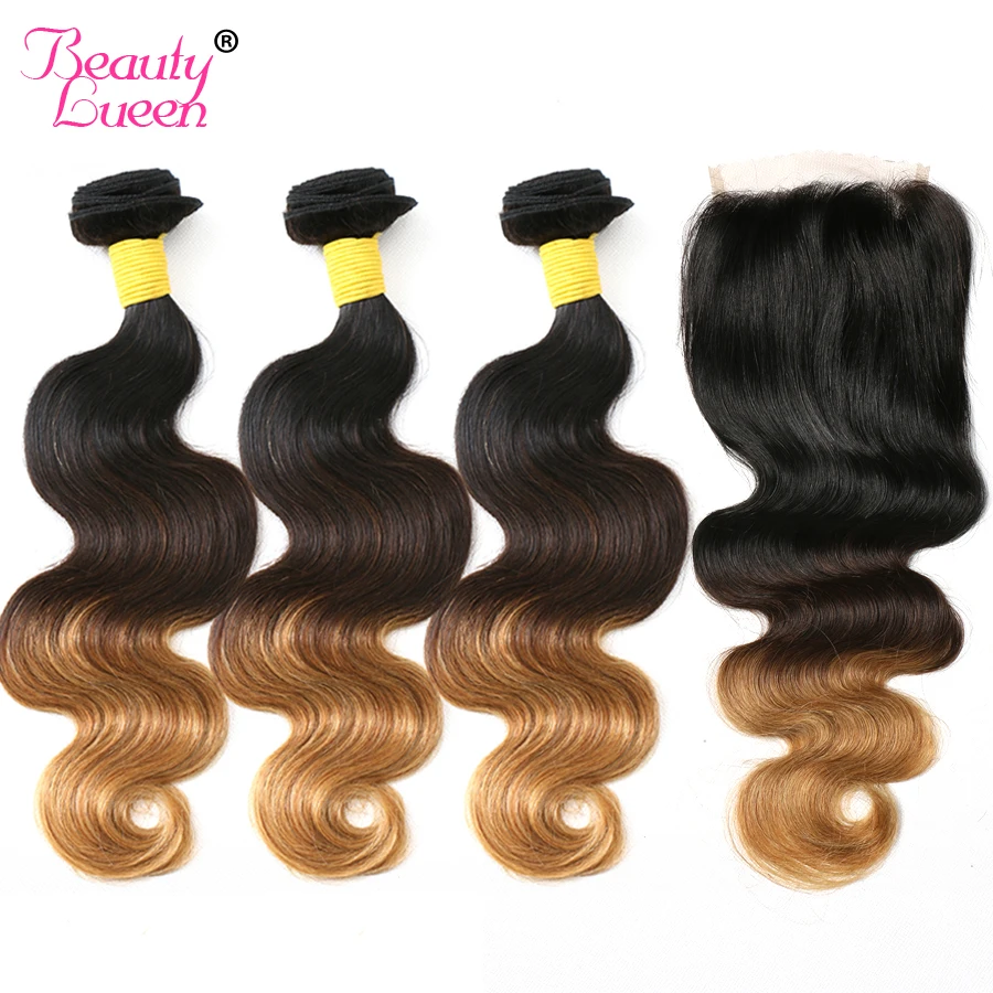 

Ombre Hair Bundles With Closure Ombre Brazilian Human Hair Body Wave 3 Bundles With Closure T1B/4/27 Non Remy Hair Beauty Lueen