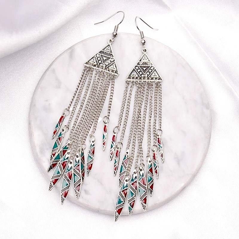 Amader 2018 Women's Geometric Alloy Long Chain Tassel Dangle Earrings Bohemia Triangle Alloy Drop Earrings HXE036