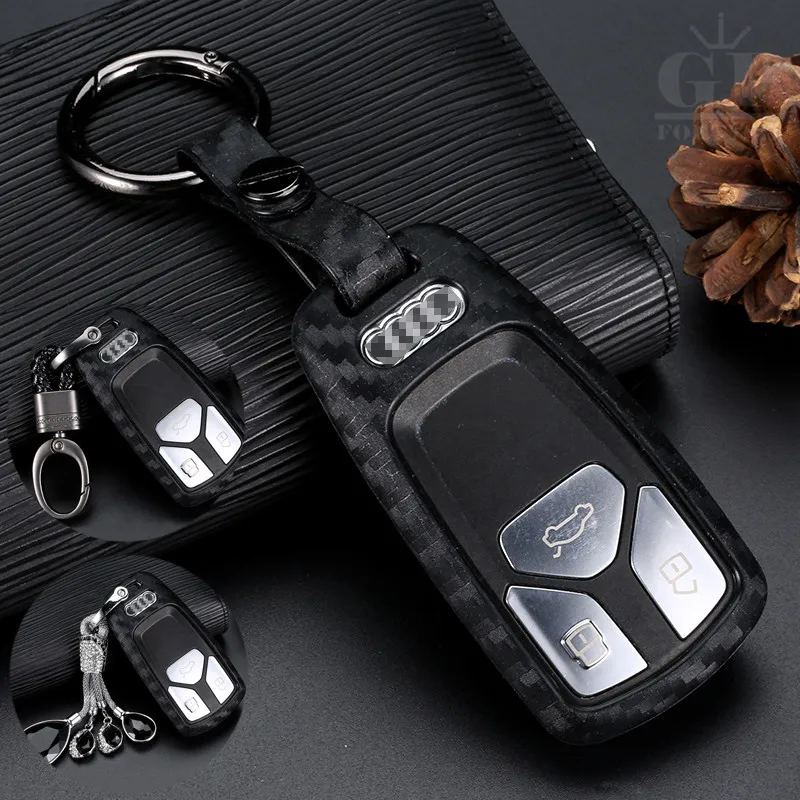 

Silicone Carbon Fiber Car Key Cover Case For AUDI A4 B9 Q5 Q7 TT TTS 8S 2016 2017 Car Styling Key Shell+Metal Leather Keyring