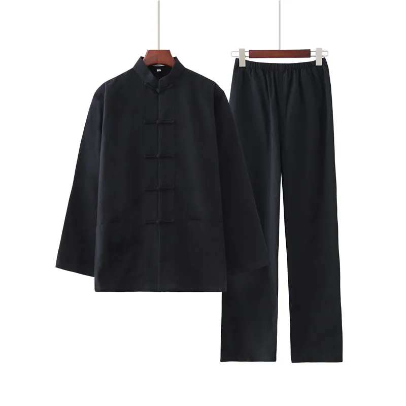 Мужской Одноцветный костюм кунг-фу из хлопка, китайский стиль, Wu Shu, рубашка и брюки,, одежда Тай Чи, M-4XL - Цвет: black