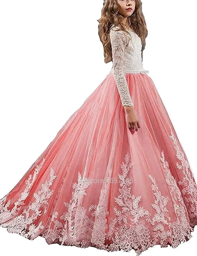 Кружевное платье с длинными рукавами и аппликацией в виде цветка для девочек, платья для первого причастия для девочек, вечерние платья для