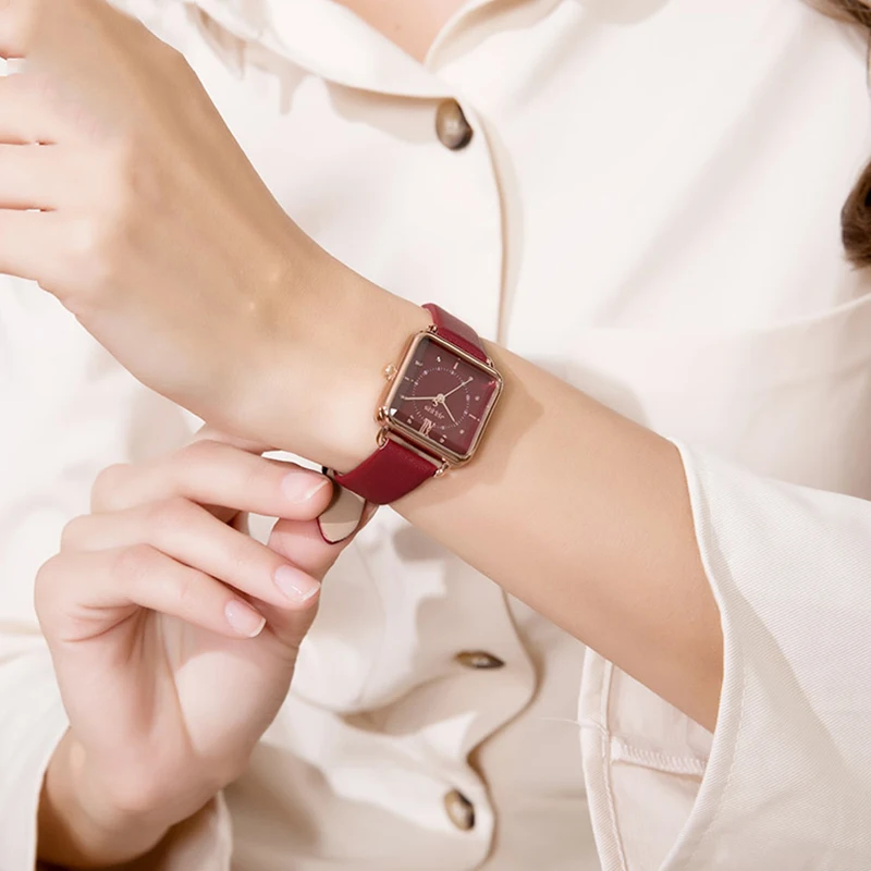 Tanie Julius marka Lady retro czerwona kwadratowa skórzana zegarek kobieta dorywczo wodoodporna sukienka kwarcowy na rękę zegar Montre Femme prezent