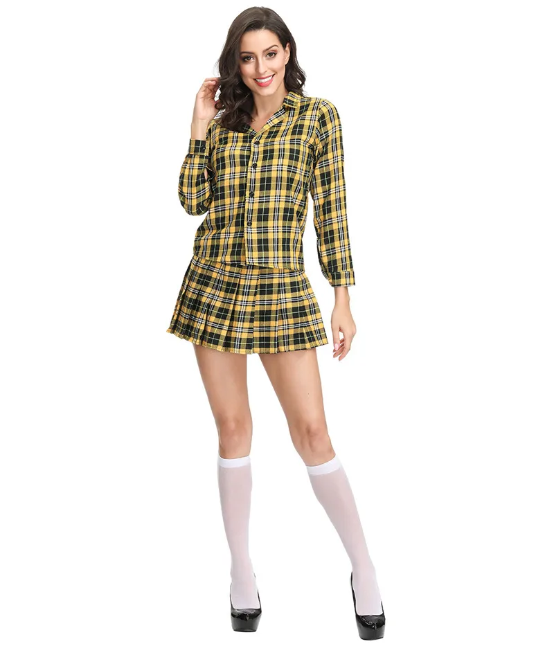 Sexy Long Sleeve Adult Naughty School Girl Costume Yellow Plaid Student Uniform Set Halloween Party Cosplay Schoolgirl Costumes - Цвет: As show