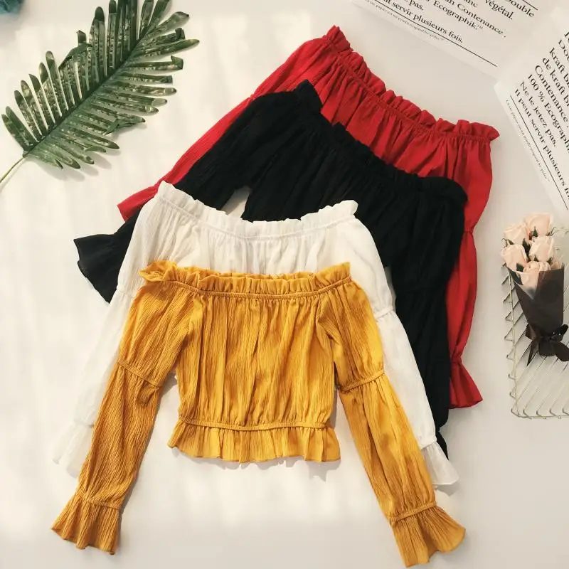 المرأة الصيف القطع الرقبة مضيئة كم قصير الشيفون الكشكشة قميص أنيقة سيدة قبالة الكتف عالية الخصر سليم البلوز بلوزة قمم