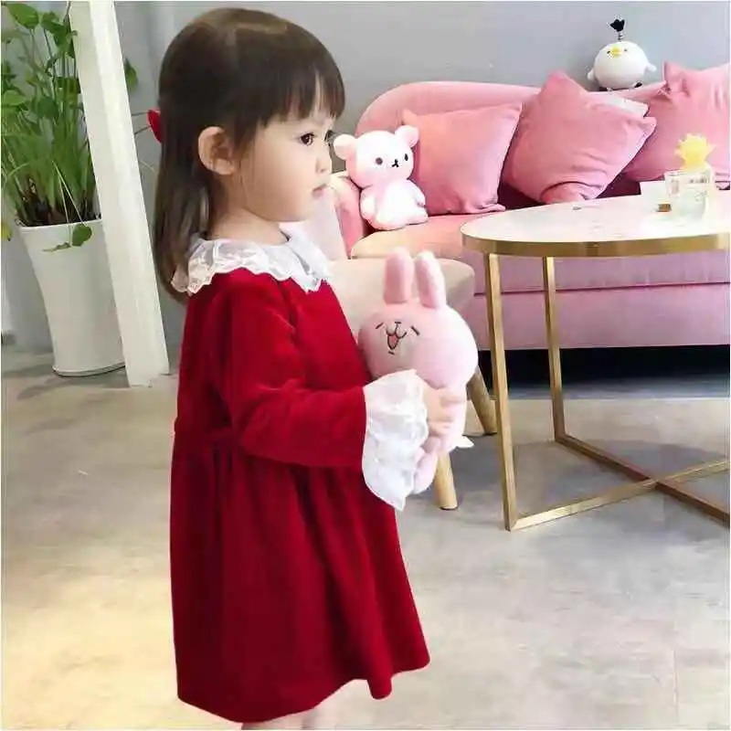 

2018 Spring&Autumn Girl Kids Lace Red Dress Girl Kids Princess Dress Velvet Party Dress for Baby Girls Clothes robe fille