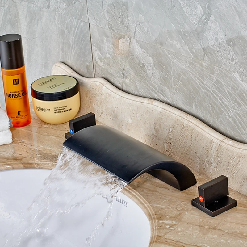 

Modern Oil Rubbed Bronze Waterfall Bathroom Basin Faucet Dual Handles Sink Mixer