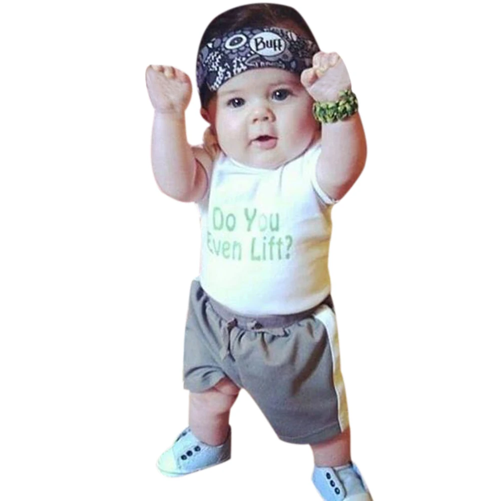 2pcsset Baby Clothing Set Infant Baby Boys White Letter Printed Tops T-shirt + Gray Short Pants Soft Outfit Set Summer Clothes