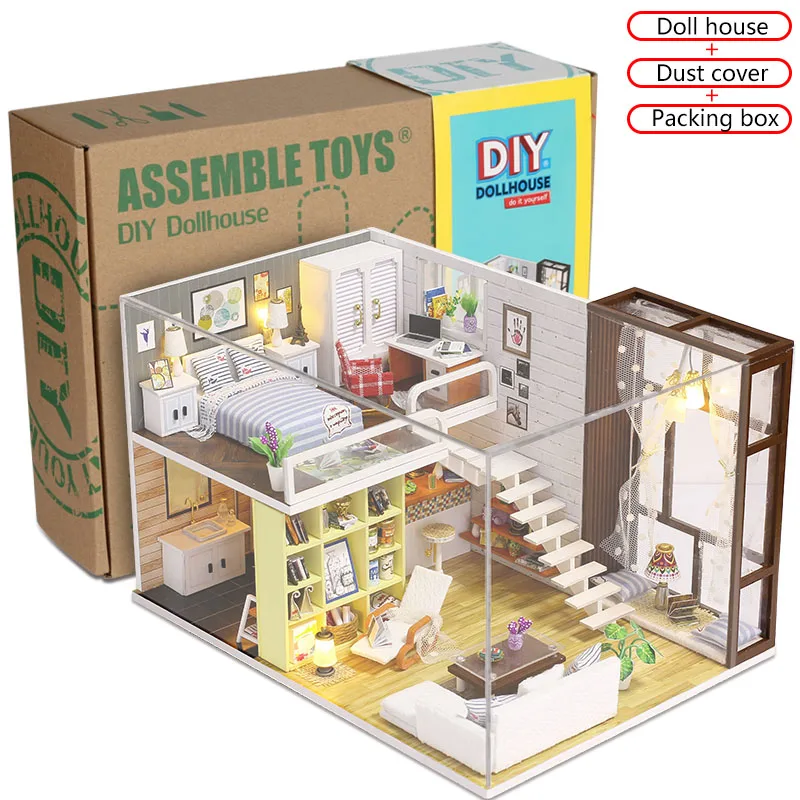 Кукольный дом игрушка деревянные маленькие Кукольный дом Лофт с кухни спальни ванной лучший детский подарок Diy кукольный домик игрушки для детей - Цвет: Box And Dust Cover