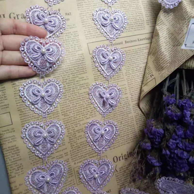 

1 Yard 5cm Puple Heart Bowknot Pearl Embroidered Lace Trim Ribbon Fabric Sewing Craft Patchwork Handmade For Costume Decoration