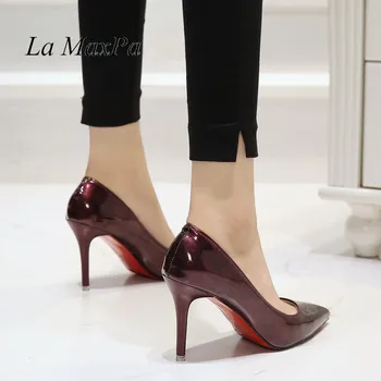

La MaxPa 2019 New High Heels Cinderella Shoes Women Pumps Pointed toe Woman Sexy Wine Red Weddng 7cm Thin Heels Office Shoes