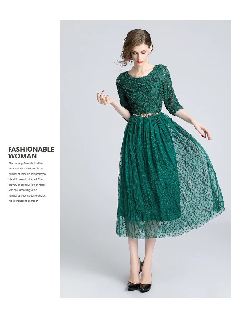 SMTHMA зеленое платье элегантное женское кружевное лоскутное Плиссированное осеннее платье с зеленым цветком платье миди с бесплатным поясом