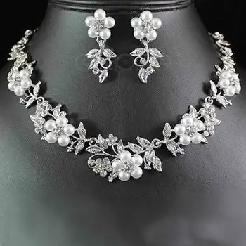 

Hot Delicate Flower Pearl Austrian Crystal Necklace Earrings Wedding Jewelry Set