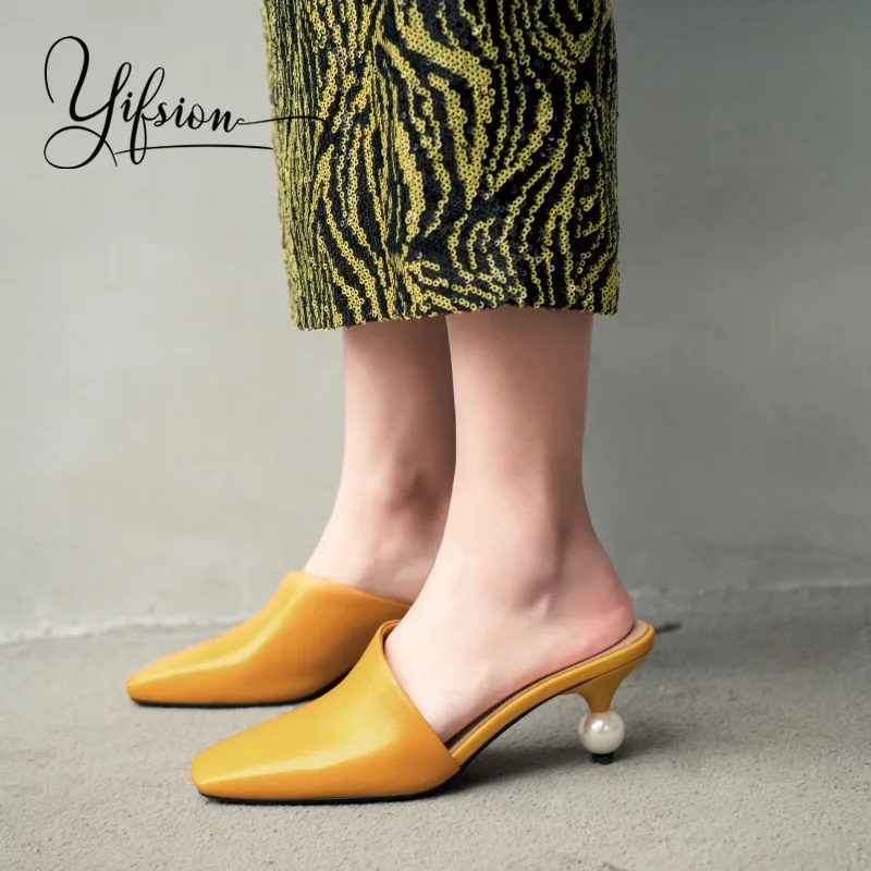 

OLOME New Spring Summer Genuine Leather Shoes Woman Slippers Square Toe Thin Mid Heel Women Shoes Slippers Mules Shoes Woman
